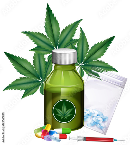 Marijuana leaves and different products