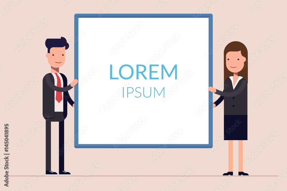 Business man and woman or managers stand near the presentation display. Demonstration at a meeting or seminar. Blank screen. Flat character isolated on background. Business man and woman or managers stand near the presentation display. Demonstration at a meeting or seminar. Blank screen. Flat character isolated on background.