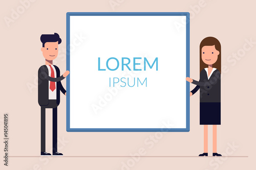 Business man and woman or managers stand near the presentation display. Demonstration at a meeting or seminar. Blank screen. Flat character isolated on background.
