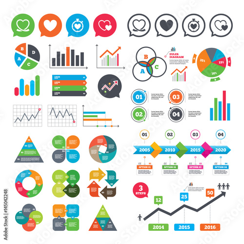 Heart ribbon icon. Timer stopwatch symbol.