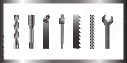 Drill bit screw-cutter milling cutter saw armature wrench vector illustration set
