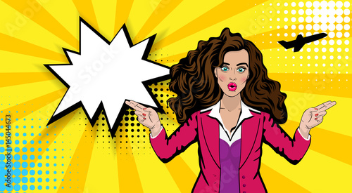 Beautiful sexy young shocked stewardess girl long hair, style pop art. Comics book retro halftone background. Vector pin up vintage dot illustration. Empty blank comic text speech bubble.