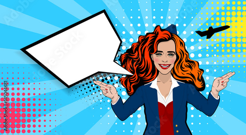Beautiful sexy young red stewardess girl long hair, smiling style pop art. Comics book retro halftone background. Vector pin up vintage dot illustration. Empty blank comic text speech bubble.