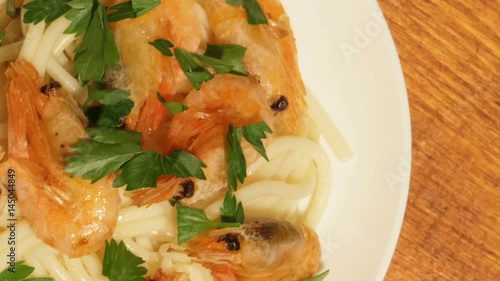 Mediterranean dish of spaghetti with shrimps. Dish of fresh, ecological clean products