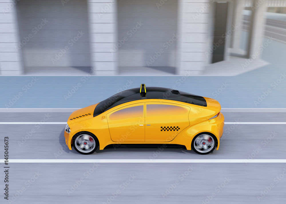 Side view of yellow taxi passing the crossroads. 3D rendering image. Side view of yellow taxi passing the crossroads. 3D rendering image.