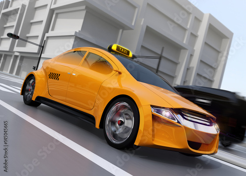 Yellow taxi driving on the street. 3D rendering image.