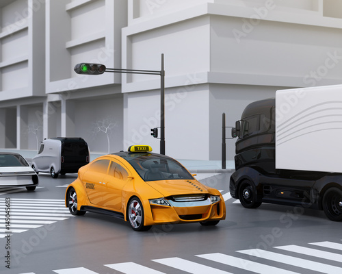 Yellow taxi, truck, delivery van at the crossroads. 3D rendering image.