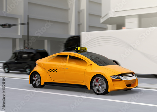 Yellow taxi passing the crossroad. 3D rendering image.