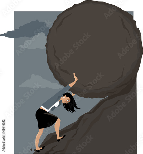 Woman rolling a huge rock uphill, EPS 8 vector illustration