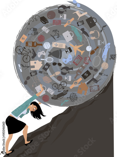 Woman rolling a huge ball of possessions uphill, EPS 8 vector illustration