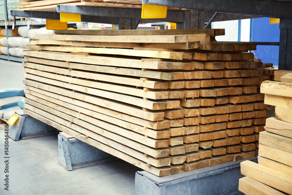 Many wooden planks in hardware store Many wooden planks in hardware store
