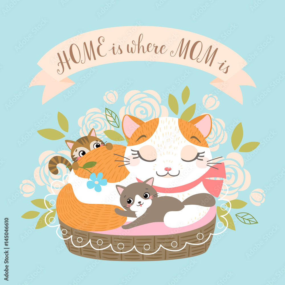 Obraz premium Mother's day greeting card or poster with cute cat family on floral background.