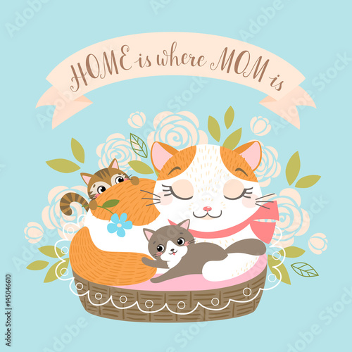 Mother's day greeting card or poster with cute cat family on floral background.