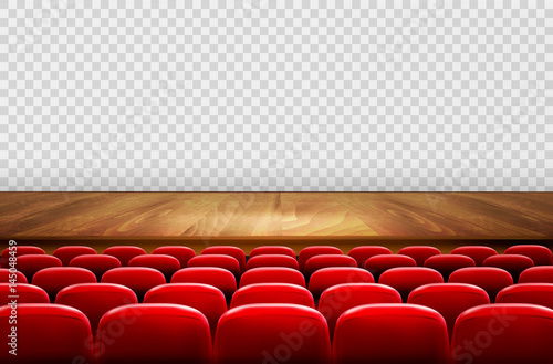 Rows of red cinema or theater seats in front of transparent background. Vector