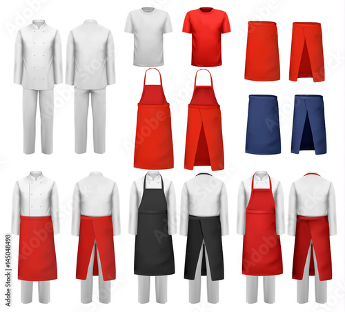 Big set of culinary clothing, white and red suits and aprons. Vector.