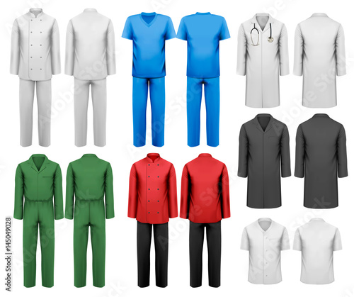 Set of white and colorful work clothes. Design template. Vector illustration.