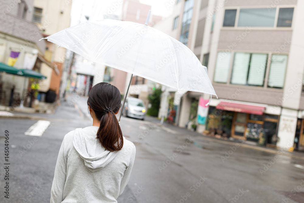 Back view of woman holding umbrella in Hiroshima city