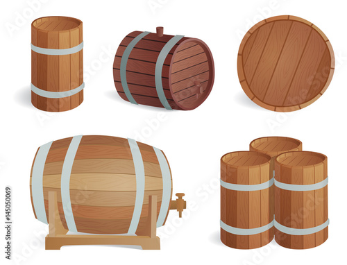 Wooden barrel vintage old style oak storage container and brown isolated retro liquid beverage object fermenting distillery cargo drum lager vector illustration.