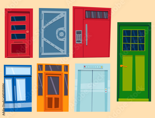 Color door front to house and building flat design style isolated vector illustration modern new decoration open elegant room lock.