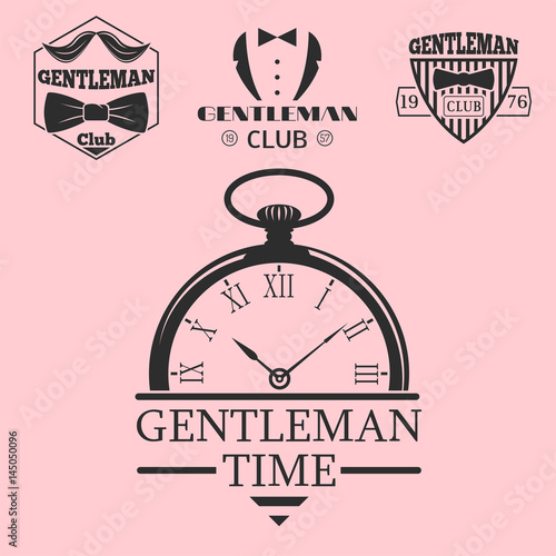 Vintage style pocket watch gentleman vector illustration badge design mustache element.