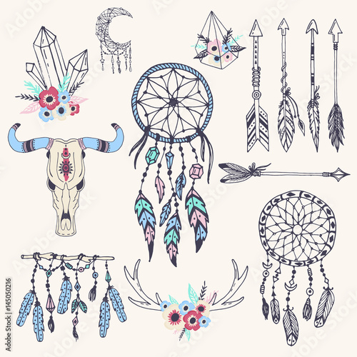 Creative boho style frames mady ethnic feathers arrows and Floral elements vector illustration.