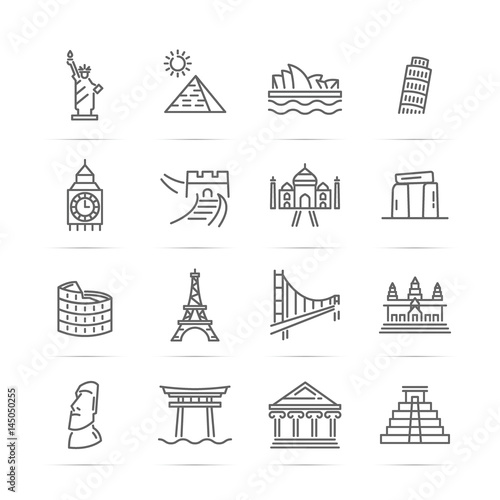world landmarks vector line icons