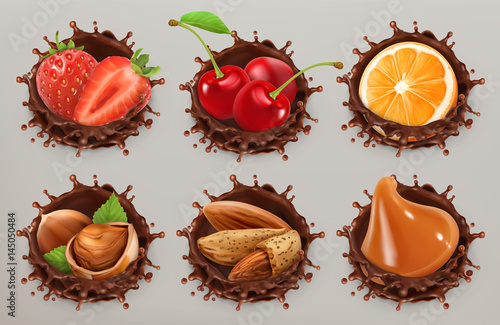 Fruit, berries and nuts. Realistic illustration. Chocolate splash 3d vector icon set