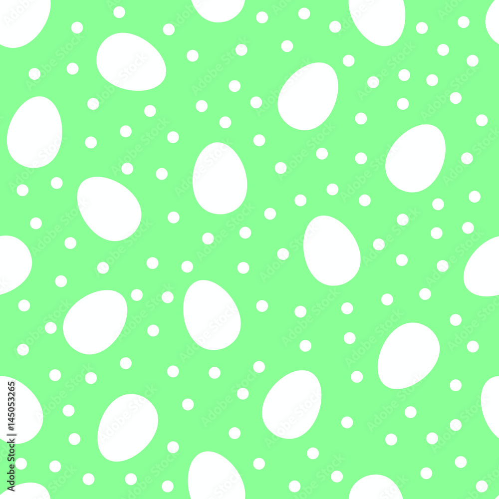 Seamless pattern with white Easter eggs and polka dots or confetti on green background. Vector illustration.