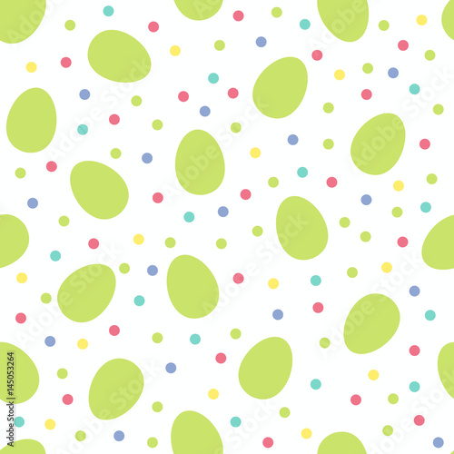 Fototapeta Naklejka Na Ścianę i Meble -  Seamless pattern with green Easter eggs and polka dots or confetti on white background. Vector illustration.