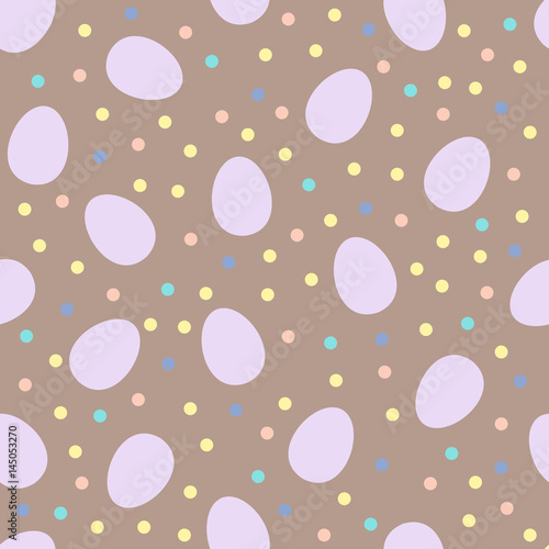 Seamless pattern with white Easter eggs and polka dots or confetti on brown background. Vector illustration.