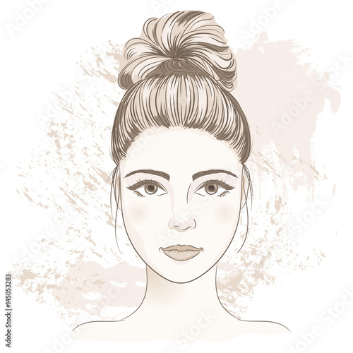 Young woman face. Digital monochrome sketch portrait of beautiful girl with fancy hair bun. Vector illustration, layered. Template for medicine, cosmetology infographic and design. Cute cartoon style.