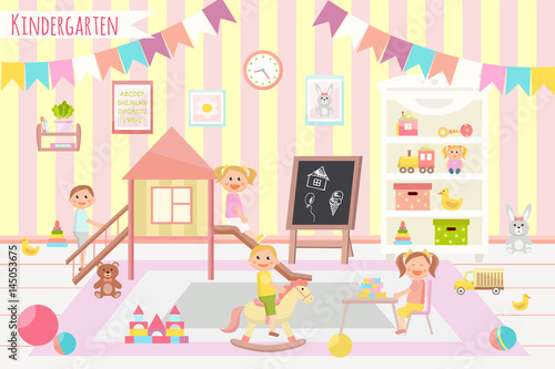 Kids club vector illustration. Kindergarten. Flat design. Children's activity in the play room. Playing, education.