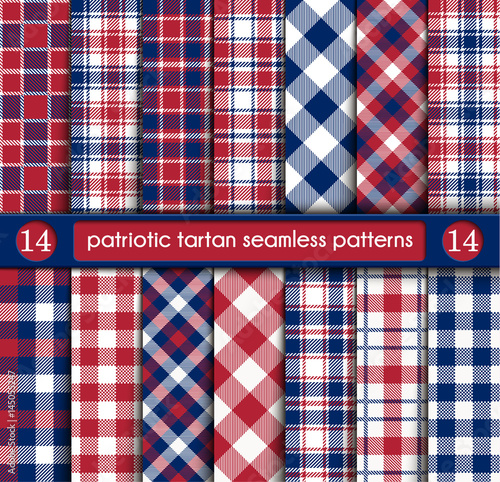 Patriotic Tartan Set of White , Blue, Red Seamless Patterns