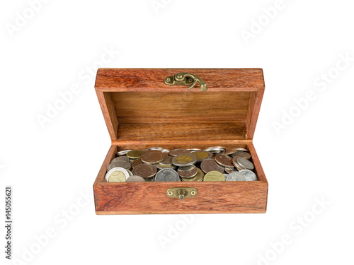 Wooden box with coins isolated on the white background