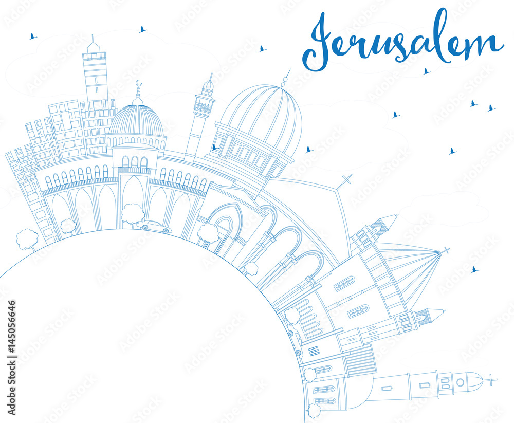 Outline Jerusalem Skyline with Blue Buildings and Copy Space.