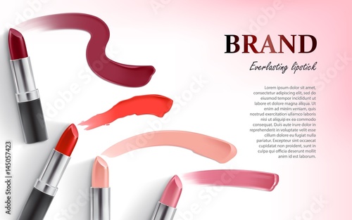 Vector illustration of a realistic style design of lipstick packing and lipstick smear samples. Excellent advertising poster for promoting of makeup premium product