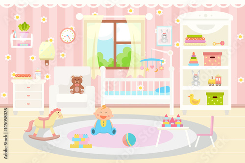 Baby room interior. Flat design.