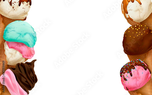 Ice cream collection: chocolate, vanilla, cream,scoops, waffle cone, different colors and forms. Hand drawn elements, vector illustration, editable elements, 3d tasty set, isolated on white background