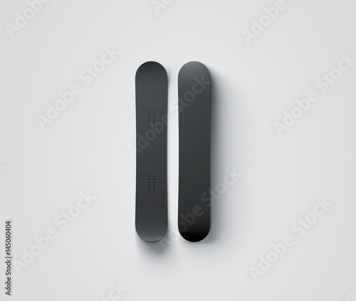 Blank black snowboard design mockup isolated, front and back side view, 3d rendering. Clear snow board mock up top and bottom. Clear realistic snowboarding sport equipment template for printing.