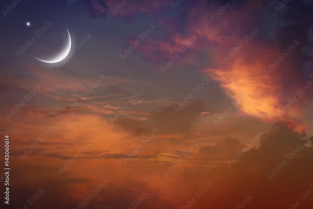 Fototapeta premium Czerwony zachód słońca i księżyc. Tło Eid Mubarak. Na tle chmur. piękne niebo . NASA. Żółte i różowe chmury. Zachód słońca i księżyc w nowiu. Czas modlitwy