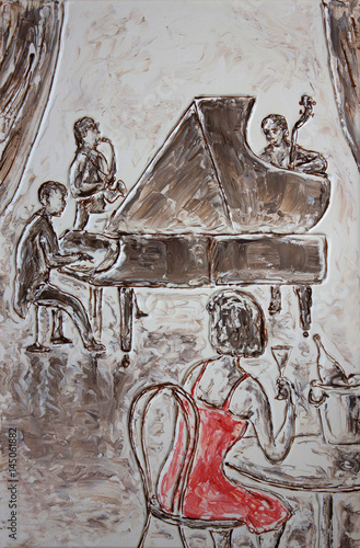 original monochrome painting on canvas, a single lady in red dress drinking champagne alone in cabaret - night moscow scene vintage painting part of galley collection