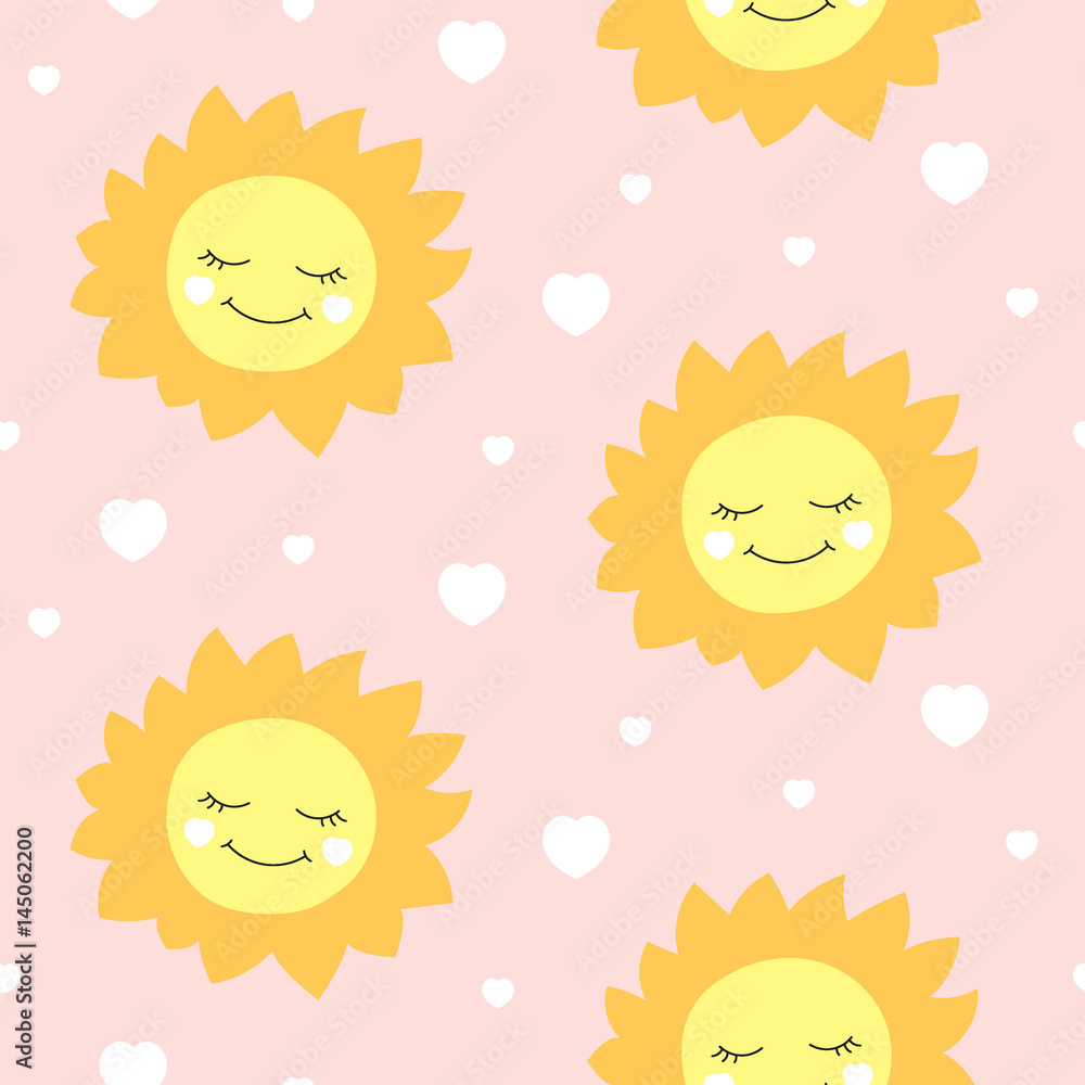 Cute baby sun pattern vector seamless. Girl print with happy sun and hearts on pink background. Design for kids birthday card, children wallpaper or fabric, baby shower invitation template.
