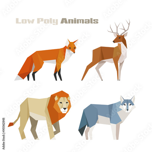 low poly animal wildlife flat design 3D illustration set