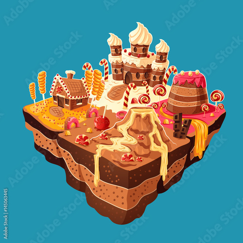 Vector 3D isometric illustration of sweet island with mountains, rivers and waterfall of cakes, cream, chocolate, caramel. Elements of design for games