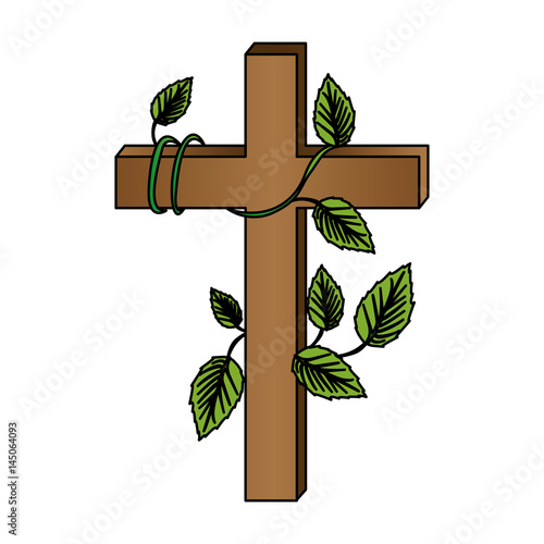 white background with colorful wooden cross and creeper plant vector illustration