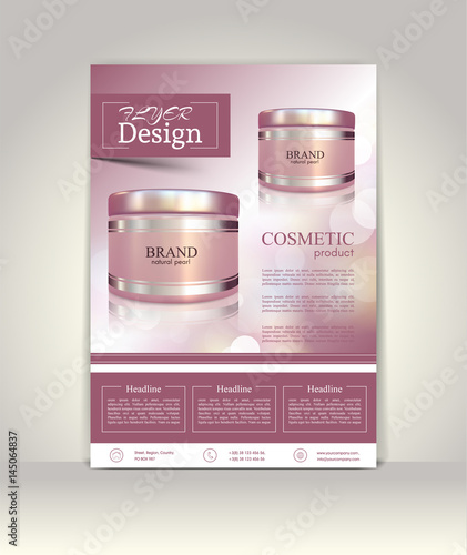 Flyer, brochure or magazine cover template. Cosmetic ads poster.3D Realistic vector illustration in soft purple color.