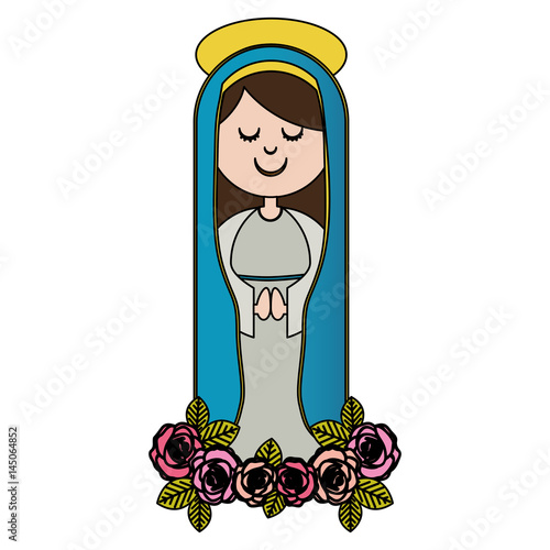 white background of colorful christian virgin and ornament of pink roses vector illustration