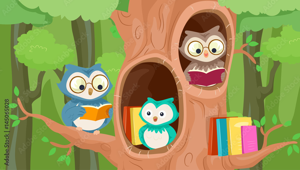 Obraz premium Owls Mascot Tree Library