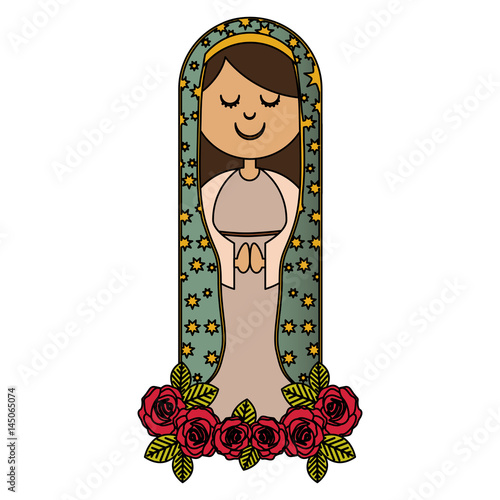 white background of colorful virgin of guadalupe with ornament of roses and mantle with stars vector illustration