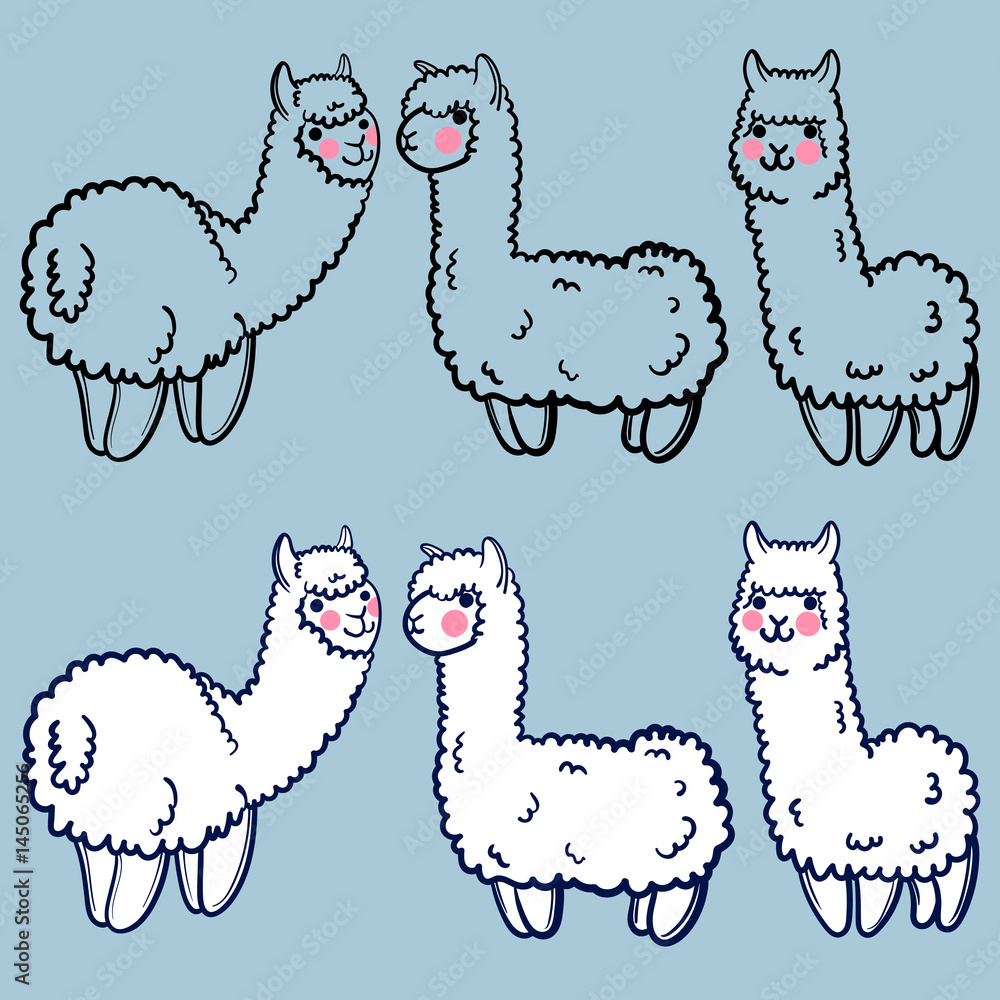 Vector Set With Cute Alpacas Child Illustration With A Lama From Peru In The Japanese Anime Style Stock Vector Adobe Stock